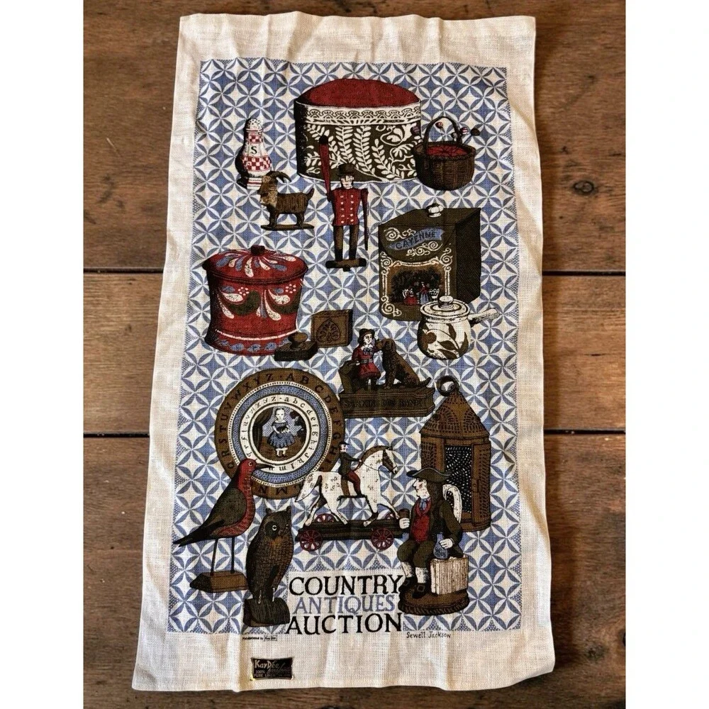 Vintage Kay Dee Country Antiques Auction Linen Tea Towel Sewell Jackson NEW